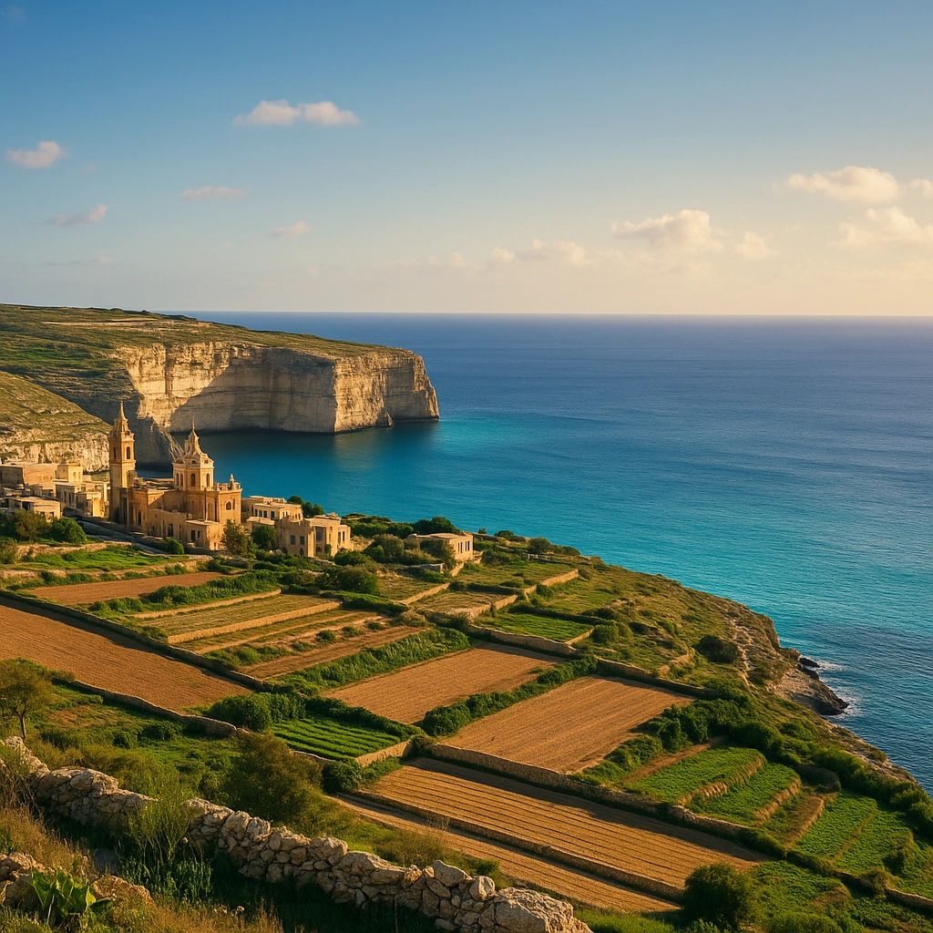 Costa maltesa con pueblos de piedra caliza y vista al mar Mediterráneo
