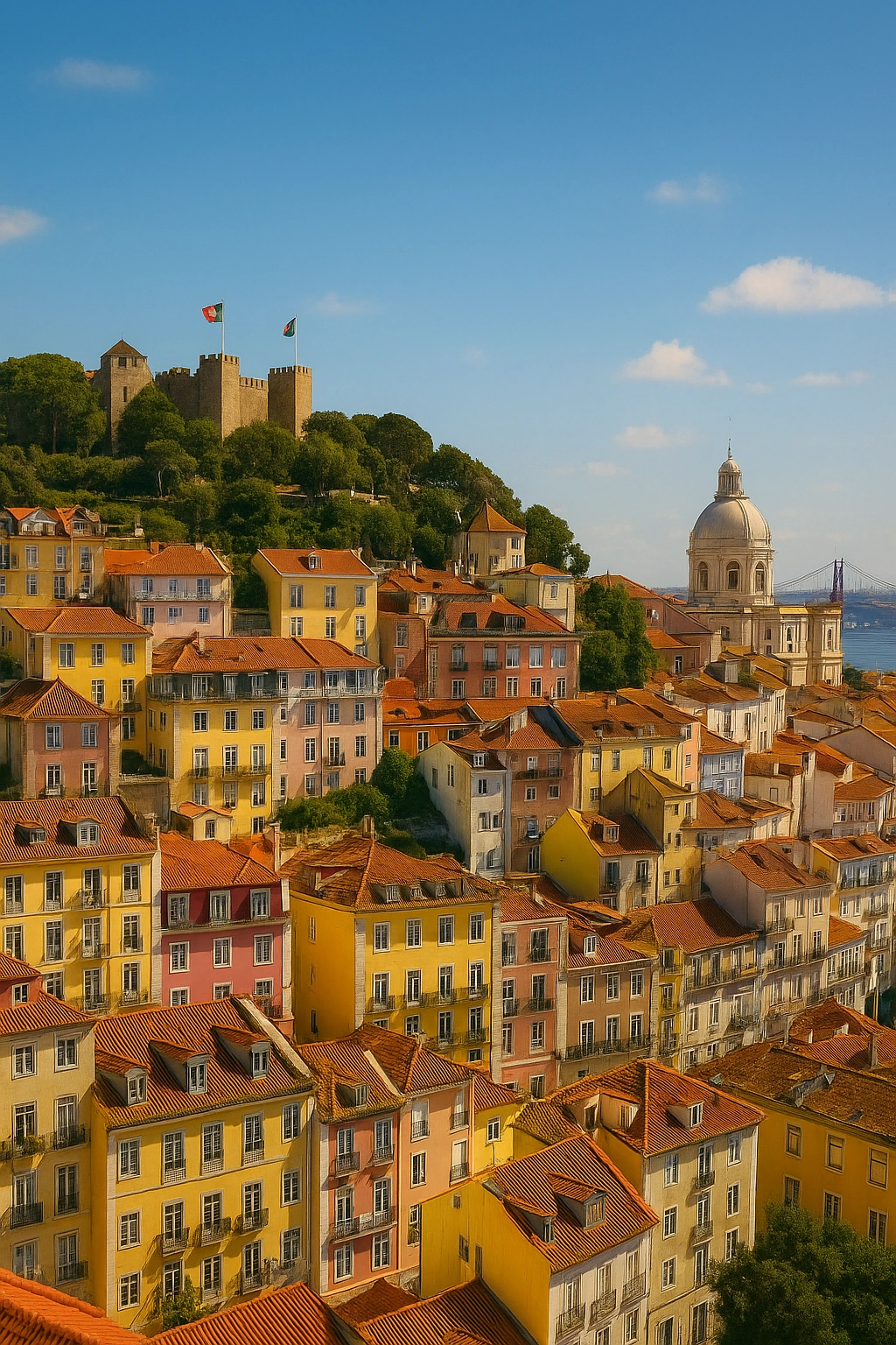 Panorama de Lisboa con casas coloridas y el río Tajo
