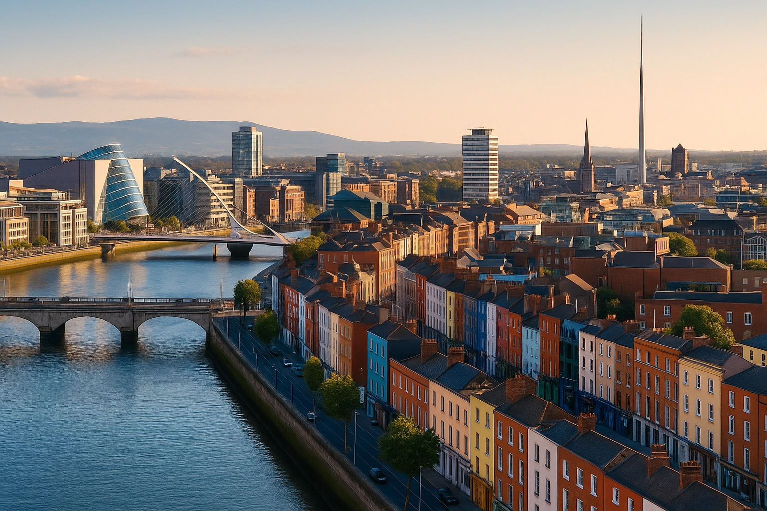Moderne Dubliner Skyline mit dem River Liffey und der Samuel Beckett Bridge