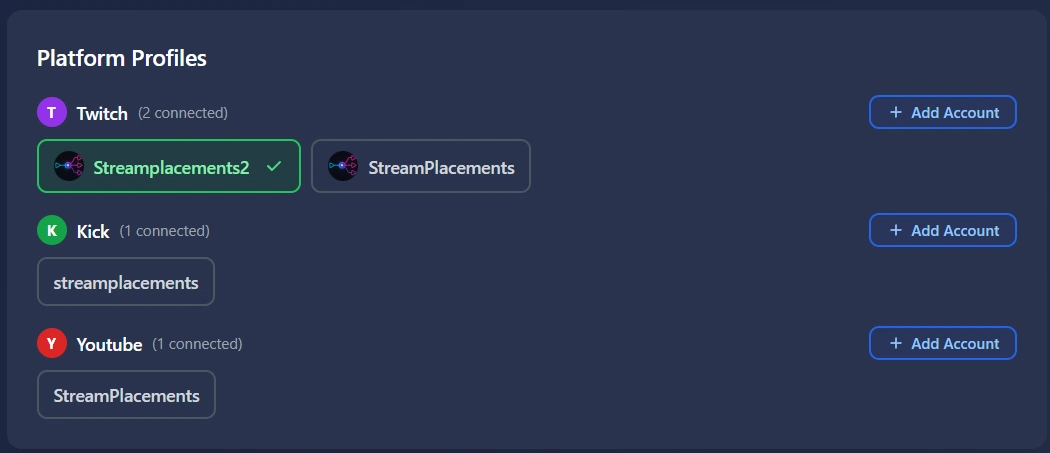 Connecting multiple streaming profiles on StreamPlacements for Twitch, Kick, and YouTube